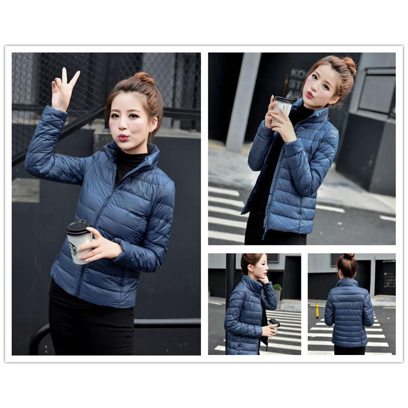 Lookbook Womens Lightweight Puffer Jacket Winter Stand Collar Short Coat-Navy Blue