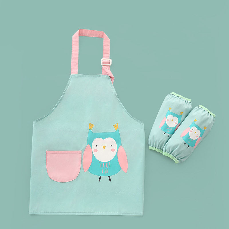 Kids Cartoon Animal Pattern Painting Waterproof Apron Set-Owl