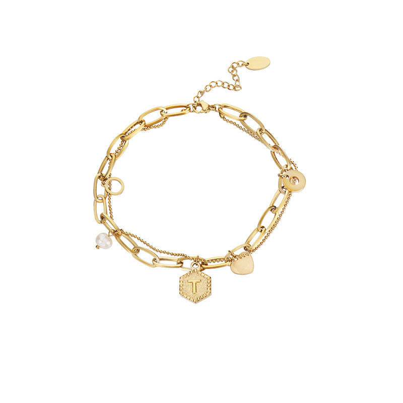 Gold Initial Bracelets for Women Letters Hexagon Pendant Chain-T