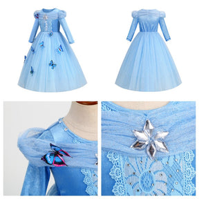 Girls Princess Dress with Accessories Butterflies Tulle Long Sleeve Gown-Blue