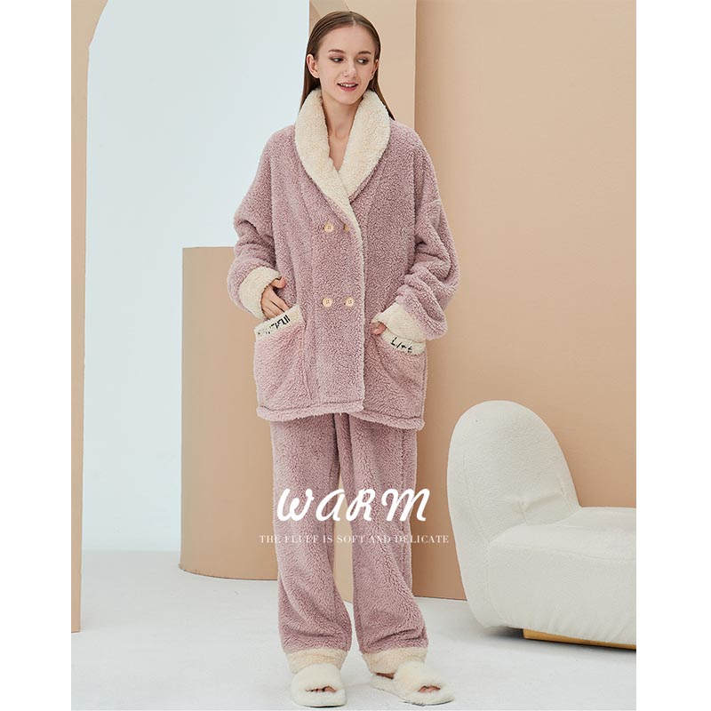 Womens Plush Pajamas Cardigan Set Loungewear-Pink