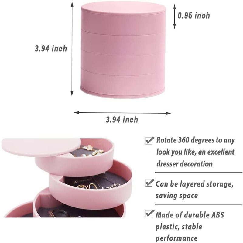 Jewelry Storage Box 4-Layer Rotatable Jewelry Accessory Organizer Tray with Lid for Rings Bracelets -Pink