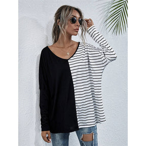 Womens Striped V-Neck Long Sleeve Tops-Black