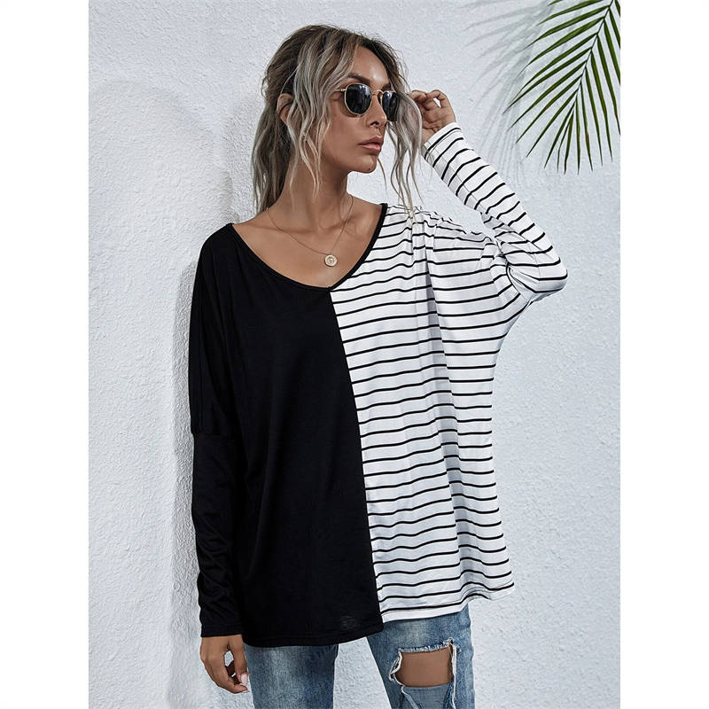 Womens Striped V-Neck Long Sleeve Tops-Black