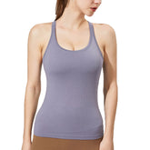 Ribbed Racerback Tank Top with Built in Bra Shockproof for Sports-Grey