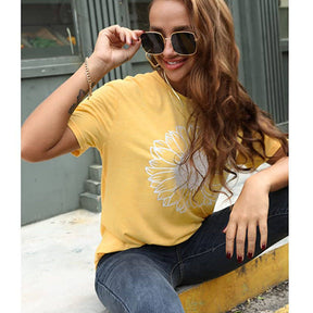 Womens Sunflower Summer Short Sleeve T-shirt Loose Casual Top-Yellow