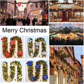 2.7M Christmas Garland with Lights Rattan Artificial Garland Green for Indoor Home Fireplace Stair Decorations-Gold