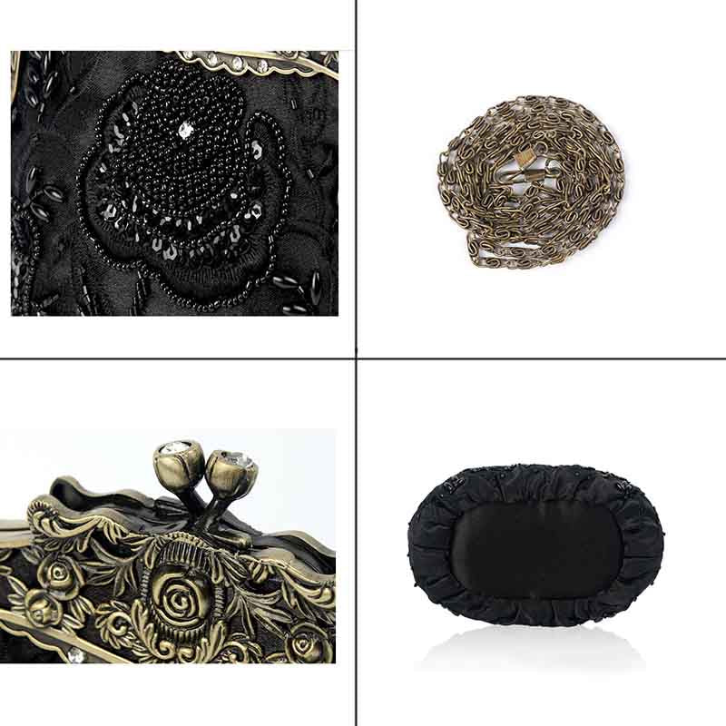 Womens Beaded Party Clutch Vintage Rose Purse-Grey
