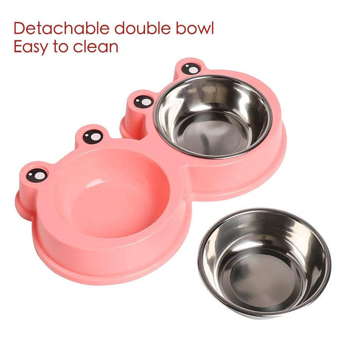 Double Dog Cat Bowls Cute Modeling No-Slip Stainless Steel Pet Bowls-Pink