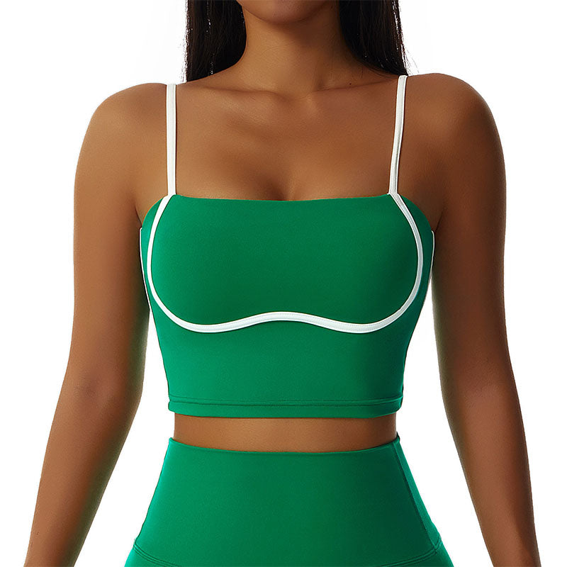 Spaghetti Strap Sports Bra Square Neck Padded Fitness Crop Tops-Green