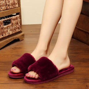 Womens Fuzzy Slippers Open Toe Cozy Memory Foam Sandals-Furry Wine Red