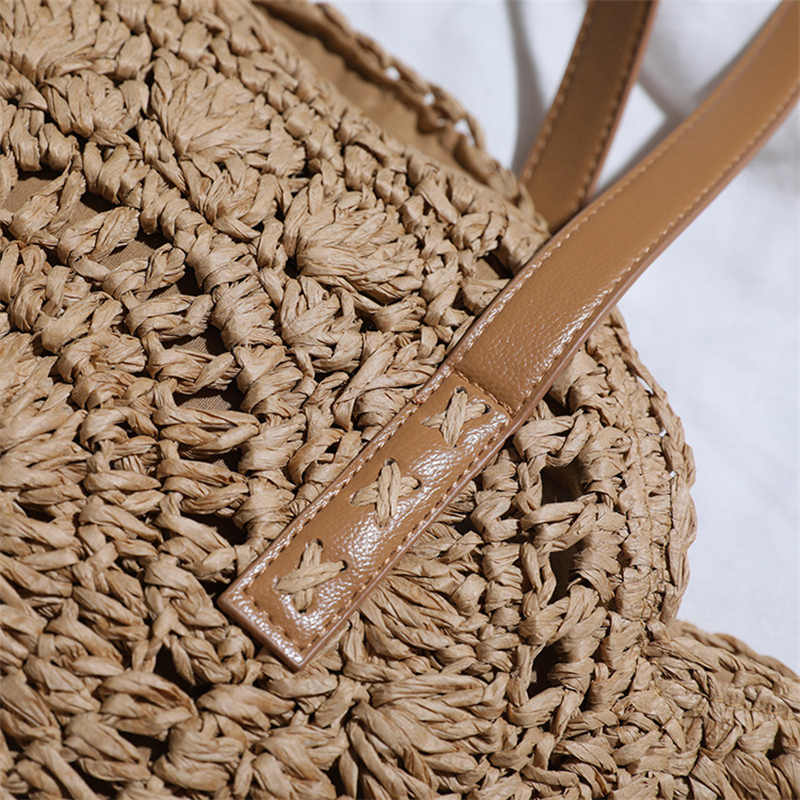 Round Straw Bag Large Woven Summer Beach Tote Handbags for Women Vacation-Beige