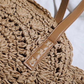 Round Straw Bag Large Woven Summer Beach Tote Handbags for Women Vacation-Khaki