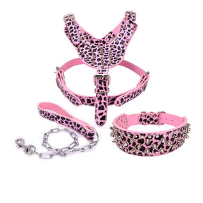 Pet Leash Collar Harness Three-piece Set Anti-bite Rivets-Pink Leopard