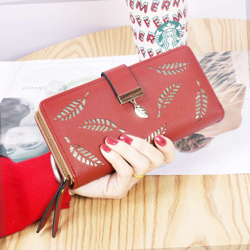 Womens Long Leaf Bifold Wallet Leather Zipper Buckle Elegant Clutch-Brown