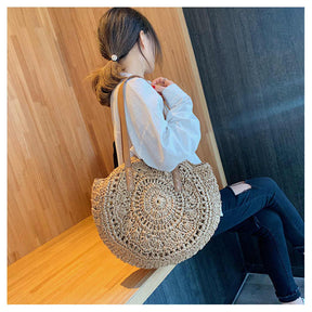 Round Straw Bag Large Woven Summer Beach Tote Handbags for Women Vacation-Khaki