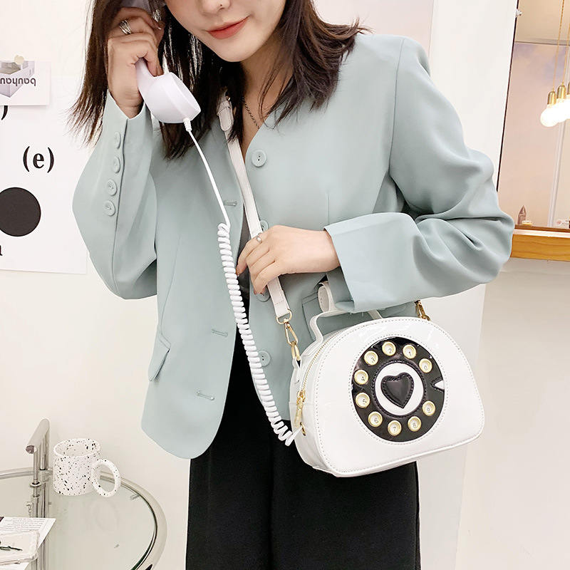 Women Telephone Shaped Handbag Retro Phone Top-Handle Crossbody Bags-White