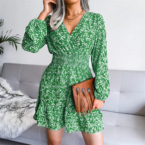 Womens Floral Long Sleeve V Neck Elastic High Waist Chiffon Dress-Green