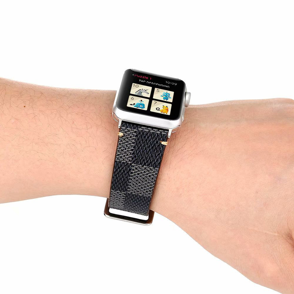 Checkered Pattern PU Leather Watch Band Microfiber Design For Apple Watch SE/6/5/4/3/2/1(Black)