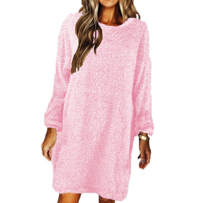 Solid Color Plush Long Sleeve Round Neck Loose Casual Dress-Pink