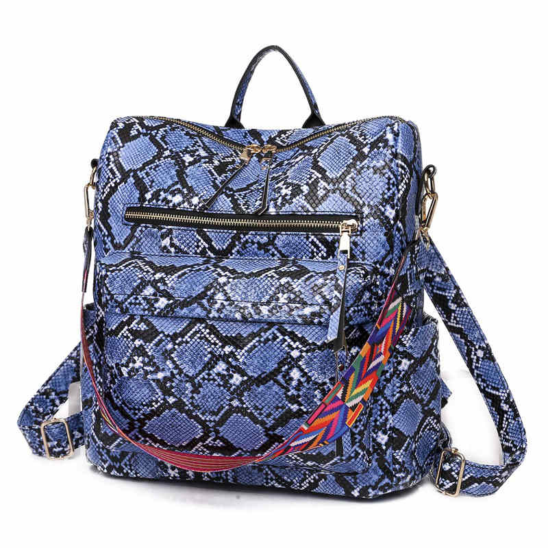 Fashion Backpack Multipurpose Print Leather Travel Shoulder Bag-Blue Snake Pattern