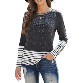 Womens Fashion Printed Color Block Long Sleeve Top-Gray