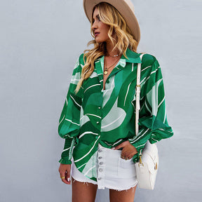 Printed Blouses for Women Button Down Long Sleeve Shirts Loose Fit Tops-Green