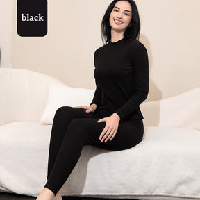 Womens Soft Thermal Underwear Set Plush Lined Half Turtleneck-Black