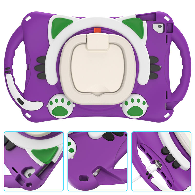 CatB Silicone Case For iPad Pro 9.7 inch Air1/2 Shockproof Shoulder Strap Handle Stand-Purple