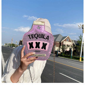 Tequila Bottle Shaped Laser Shoulder Handbags PU Crossbody Purse for Women-SequinPink