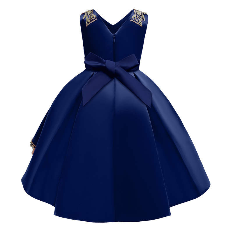 2-9 Years Flower Girls Dress Wedding Party Embroidered Dress-DarkBlueGold