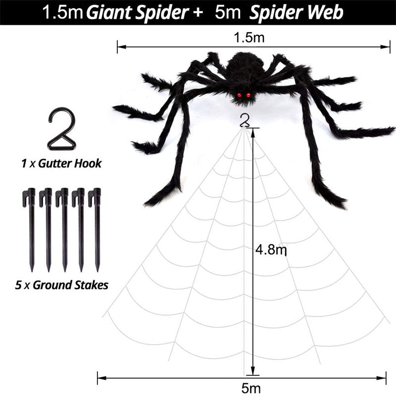 200 inches Halloween Triangular Spider Web and 59 inches Giant Spider Decorations for Yard Haunted House Decor