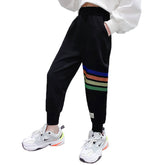 Girls Joggers Long Pants Pockets Outdoor Casual Trousers Rainbow-Black