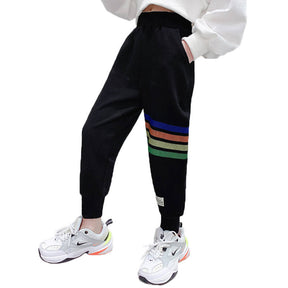 Girls Joggers Long Pants Pockets Outdoor Casual Trousers Rainbow-Black