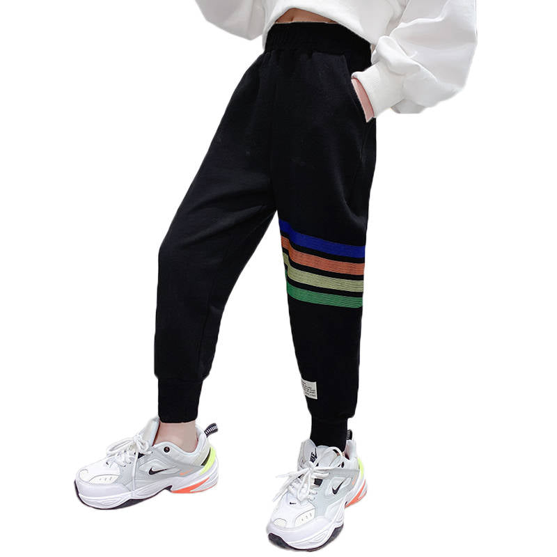 Girls Joggers Long Pants Pockets Outdoor Casual Trousers Rainbow-Black