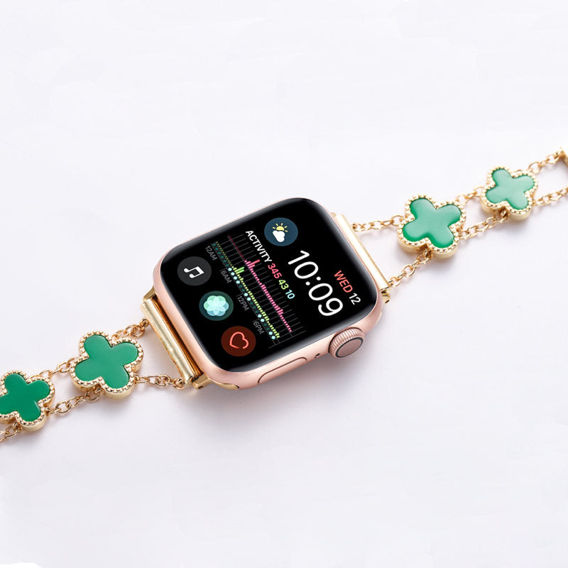 Apple Watch Band Luxury Four-leaf Clover Thin Stainless Steel for iWatch Series SE/6/5/4/3/2/1-RoseGold+Pink