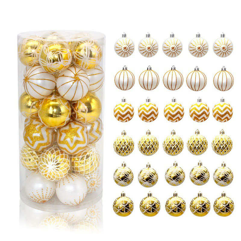 30PCS Christmas Balls 60MM Painted Hanging Ornaments-GoldWhite