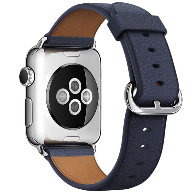 Litchi Pattern Leather Replacement Watch Band For iWatch Series SE/6/5/4/3/2/1-MidnightBlue
