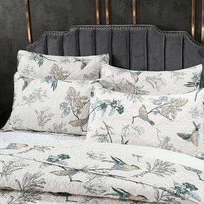Quilt Set 3 Pieces Queen Size Green Leaves Sparrow Printed Cotton Bed Cover