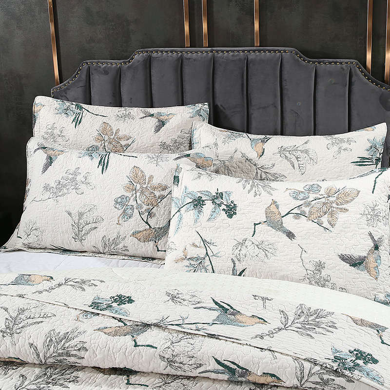 Quilt Set 3 Pieces Queen Size Green Leaves Sparrow Printed Cotton Bed Cover