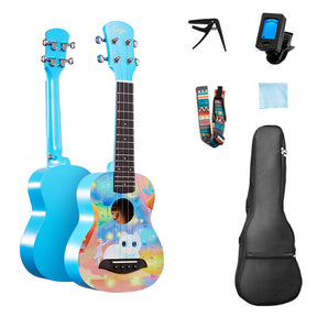 Mahogany Wooden Ukulele Beginner Pack Instrument All in One Kit for Girls Boys-Cat