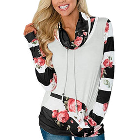 Womens Striped Floral Stack Neck Sweatshirt with Pockets-Black