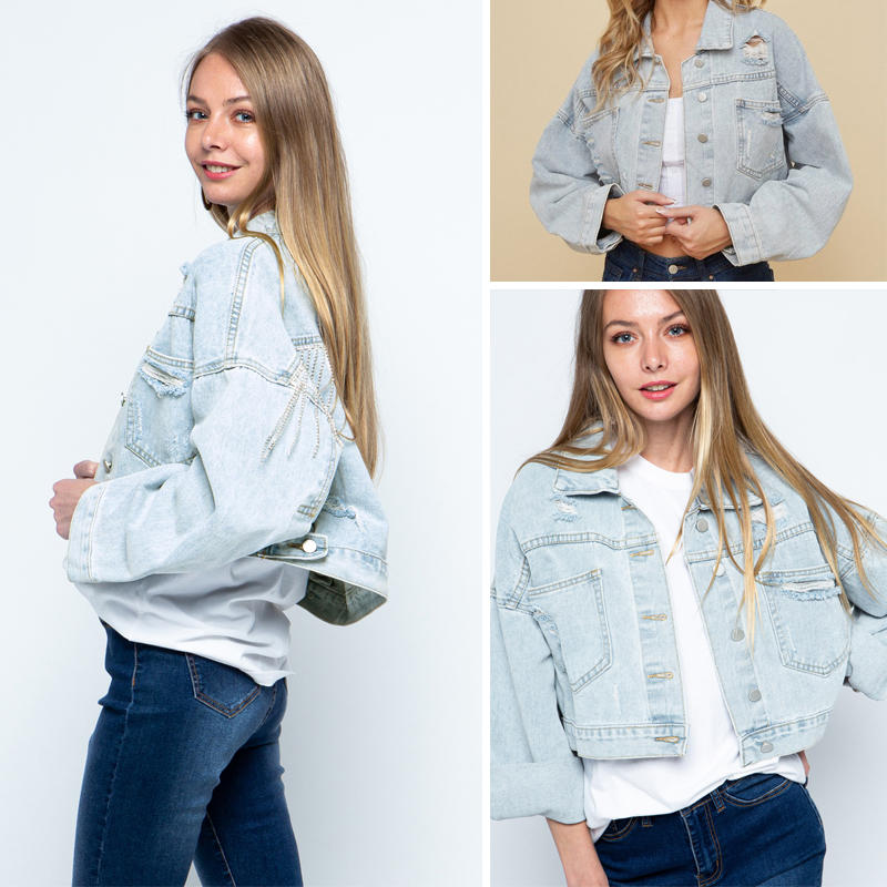 Womens Denim Jacket with Fringe Rhinestones Crop Casual Coat-LightBlue