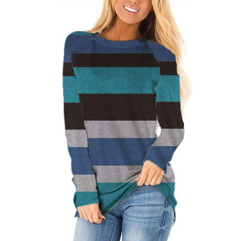 Womens Colorblock Striped Crewneck Loose Top Long Sleeve-DarkBlue