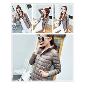 Lookbook Womens Lightweight Puffer Jacket Winter Stand Collar Short Coat-Khaki