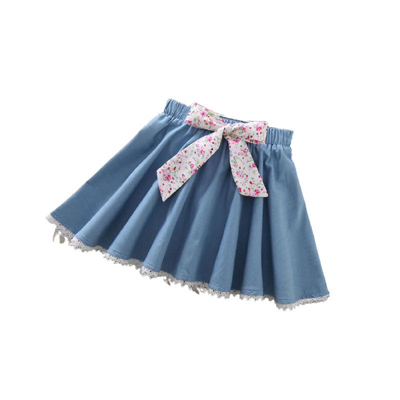 Girls Skater Skirt Denim Solid Color Bowknot Skirt with Lace Hem-LightBlue