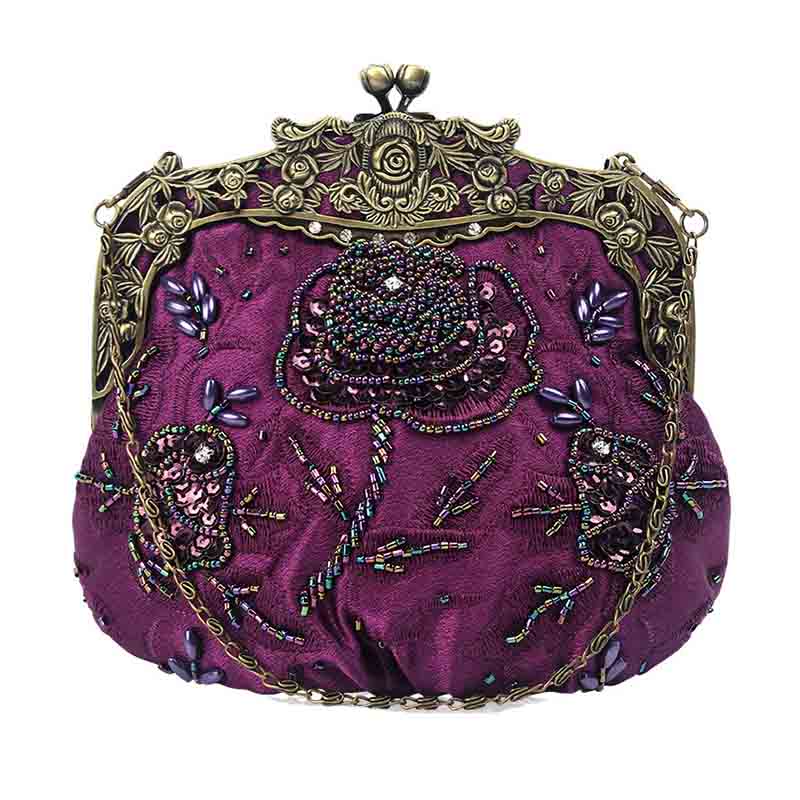 Womens Beaded Party Clutch Vintage Rose Purse-Purple