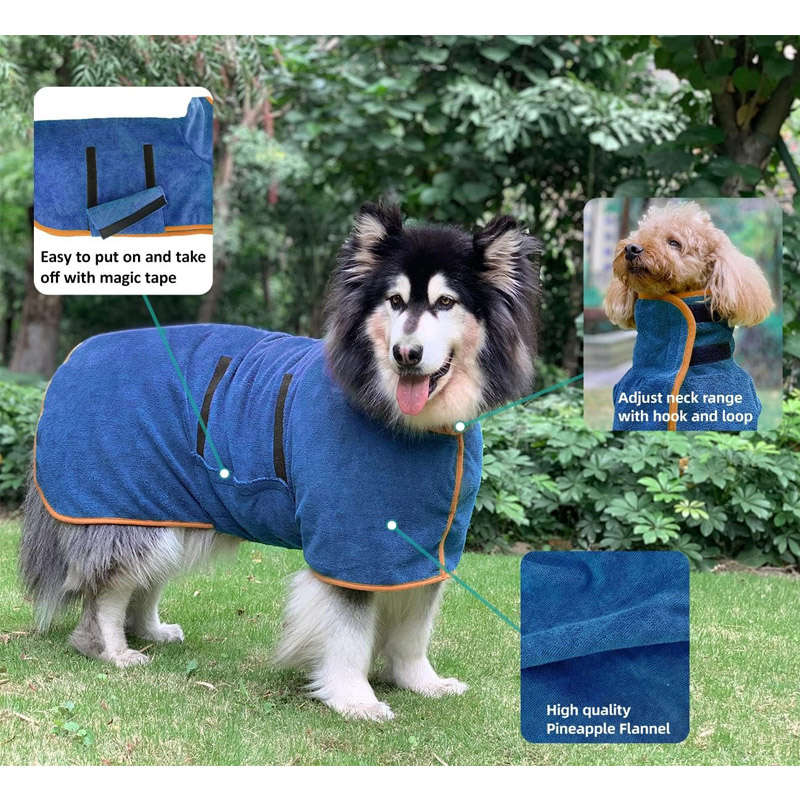 Dog Bathrobe Microfibre Fast Drying Towel Adjustable Collar Waist-Blue