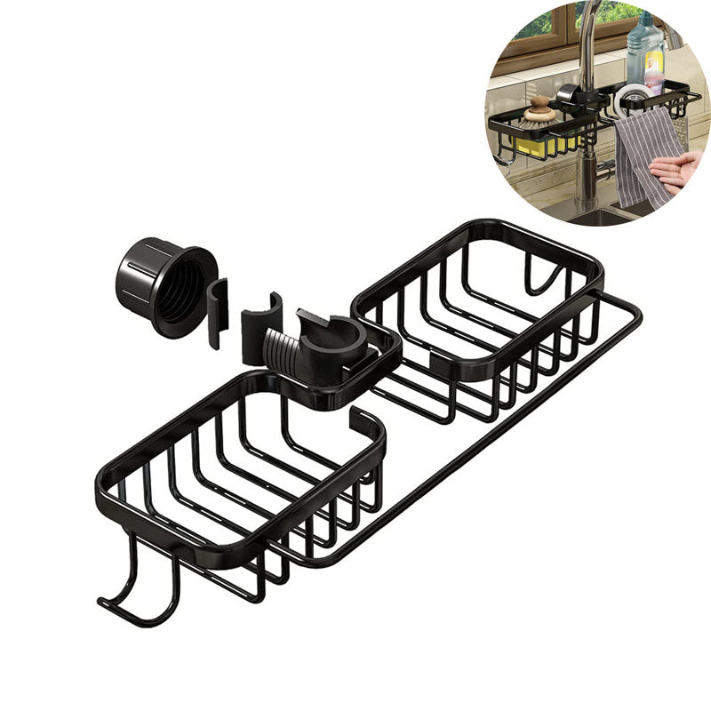 Faucet Sponge Holder Rustproof Sink Caddy for Dishcloth-Black with Rod