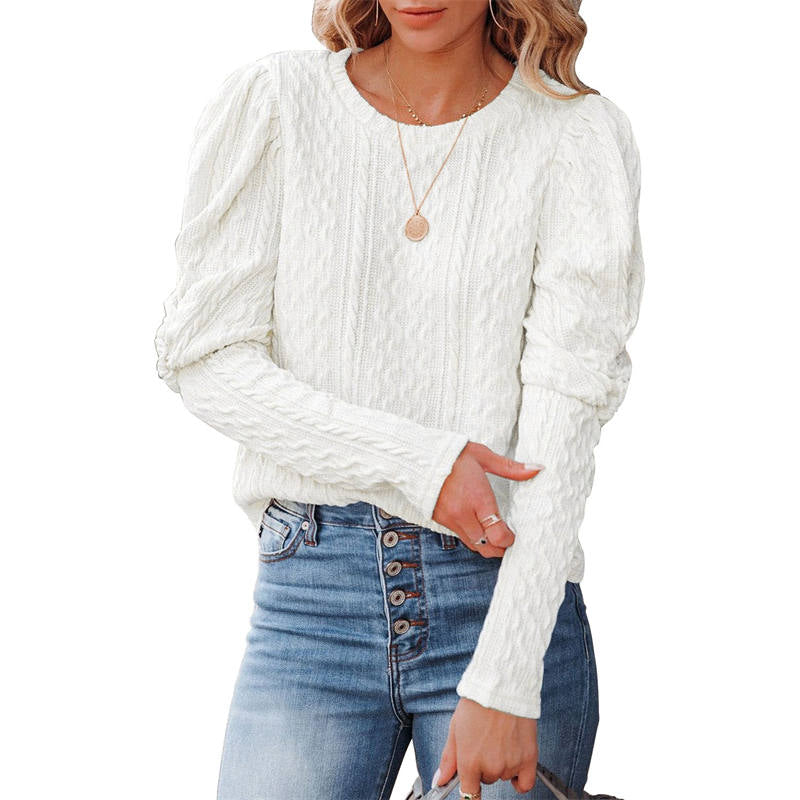 Womens Long Sleeve Sweaters Solid Color Jacquard Weave Round Neck Knit Tops-White
